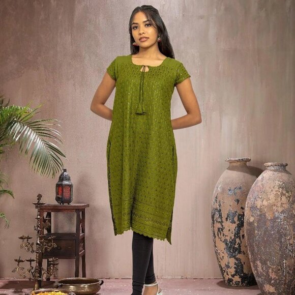 Green Kurta with Elegant Chikankari | Muvvas Boutique - Picture 1 of 5